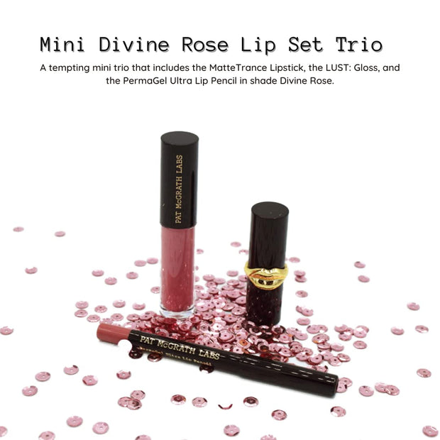 Mini Divine Rose Lip Trios Gift Set:: MatteTrance Lipstick, LUST: Lip Gloss, PermaGel Ultra Lip Pencil - Long Lasting Rosy Glossy Lip Makeup, 0.05 oz